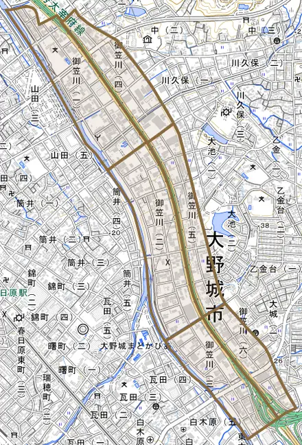 御笠川とその周辺の地図。町の範囲を重ねている