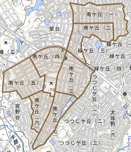 南ケ丘とその周辺の地図。町の範囲を重ねている