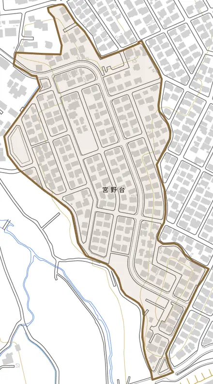 宮野台とその周辺の地図。町の範囲を重ねている