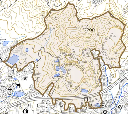 大字中とその周辺の地図。町の範囲を重ねている