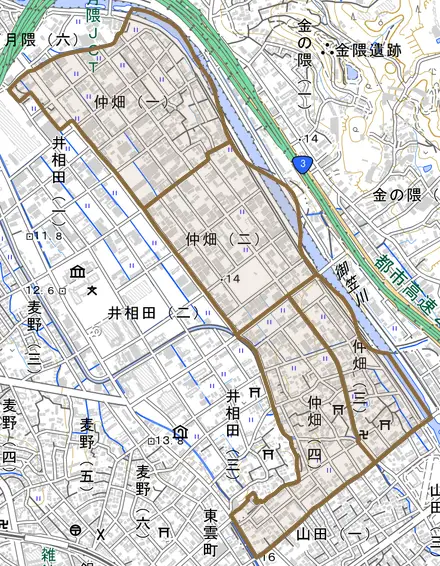 仲畑とその周辺の地図。町の範囲を重ねている