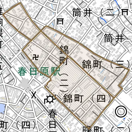 錦町とその周辺の地図。町の範囲を重ねている