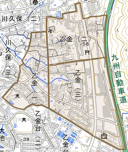 乙金とその周辺の地図。町の範囲を重ねている
