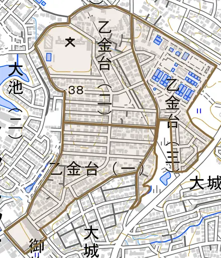 乙金台とその周辺の地図。町の範囲を重ねている
