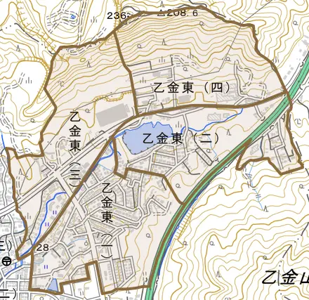 乙金東とその周辺の地図。町の範囲を重ねている