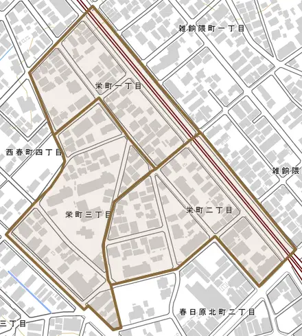 栄町とその周辺の地図。町の範囲を重ねている