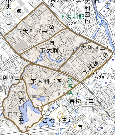 下大利とその周辺の地図。町の範囲を重ねている