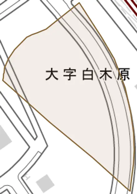 大字白木原とその周辺の地図。町の範囲を重ねている