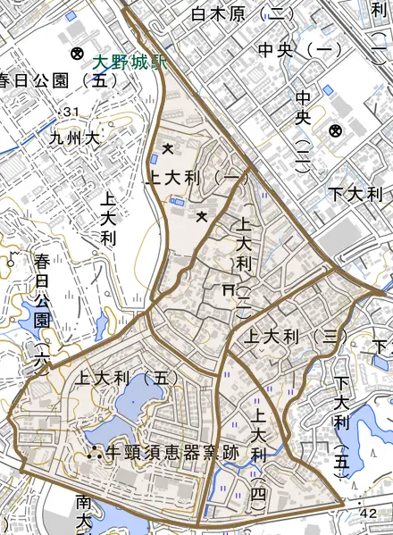 上大利とその周辺の地図。町の範囲を重ねている