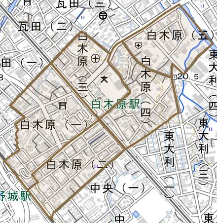 白木原とその周辺の地図。町の範囲を重ねている