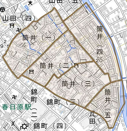筒井とその周辺の地図。町の範囲を重ねている