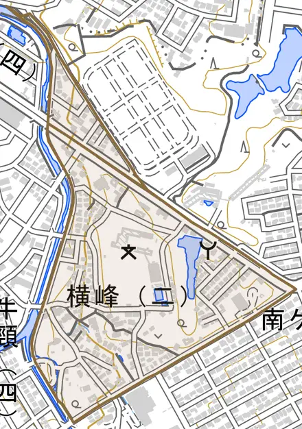 横峰とその周辺の地図。町の範囲を重ねている