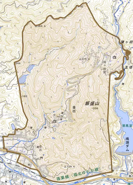 大字金出とその周辺の地図。町の範囲を重ねている