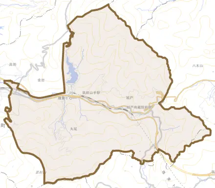 大字篠栗とその周辺の地図。町の範囲を重ねている