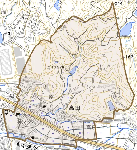 大字高田とその周辺の地図。町の範囲を重ねている