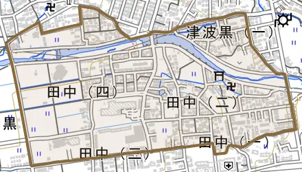 大字田中とその周辺の地図。町の範囲を重ねている