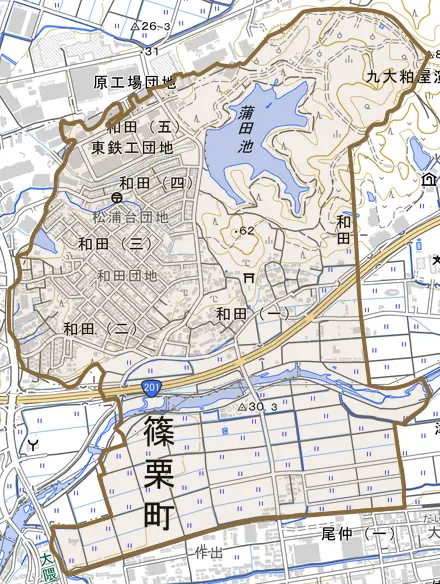 大字和田とその周辺の地図。町の範囲を重ねている