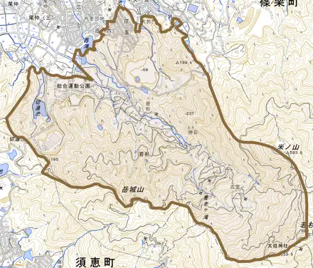 大字若杉とその周辺の地図。町の範囲を重ねている