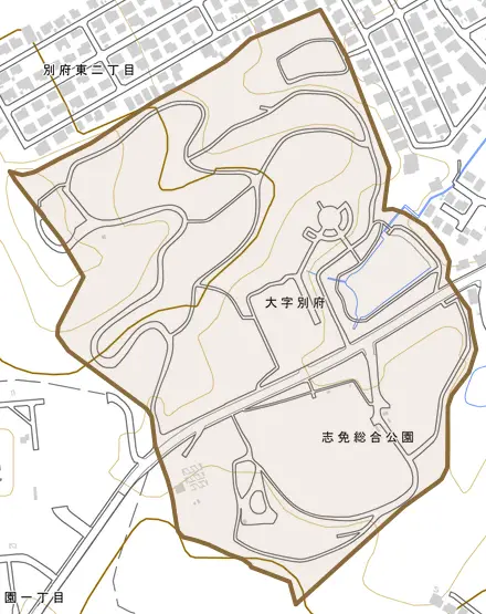 大字別府とその周辺の地図。町の範囲を重ねている