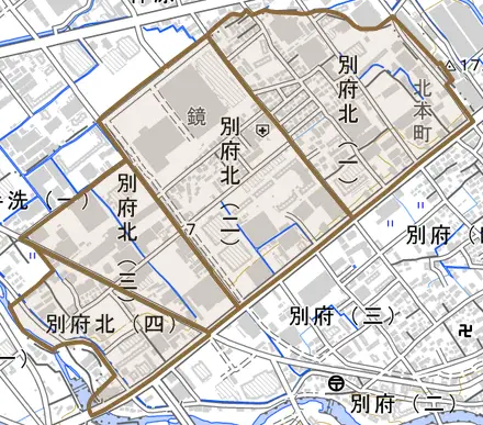 別府北とその周辺の地図。町の範囲を重ねている