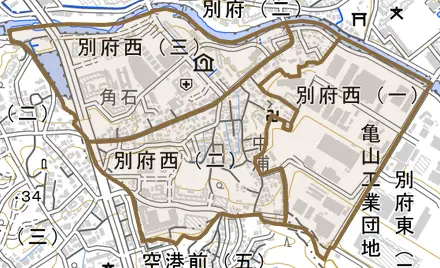 別府西とその周辺の地図。町の範囲を重ねている