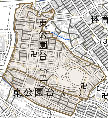 東公園台とその周辺の地図。町の範囲を重ねている