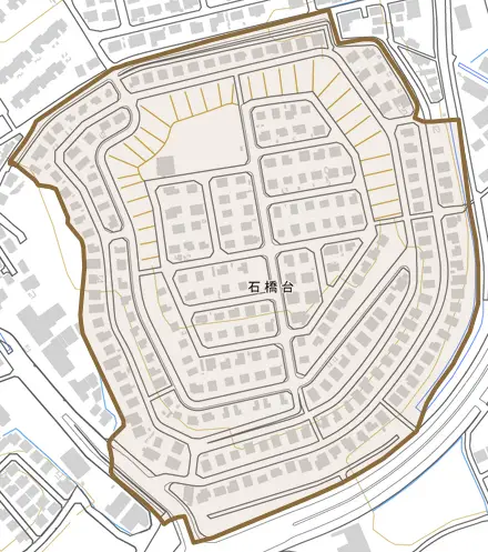石橋台とその周辺の地図。町の範囲を重ねている