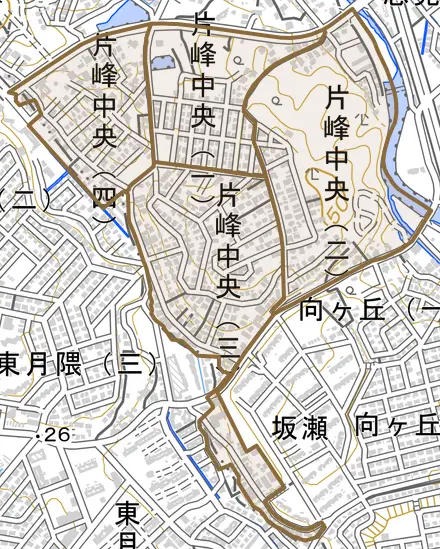 片峰中央とその周辺の地図。町の範囲を重ねている