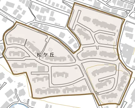 松ヶ丘とその周辺の地図。町の範囲を重ねている