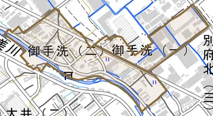 御手洗とその周辺の地図。町の範囲を重ねている