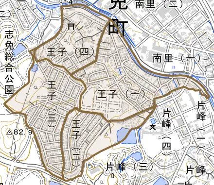 王子とその周辺の地図。町の範囲を重ねている