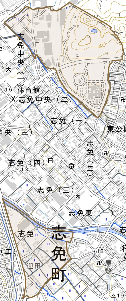 大字志免とその周辺の地図。町の範囲を重ねている