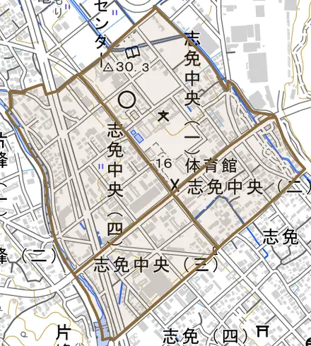 志免中央とその周辺の地図。町の範囲を重ねている