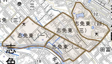 志免東とその周辺の地図。町の範囲を重ねている