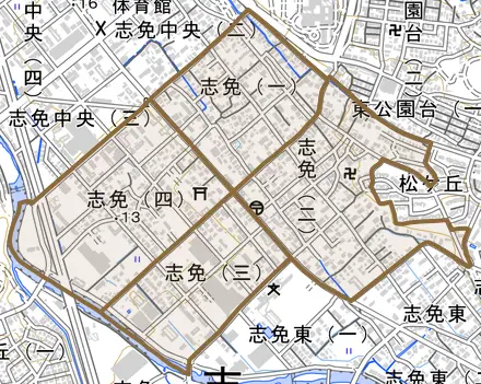 志免とその周辺の地図。町の範囲を重ねている