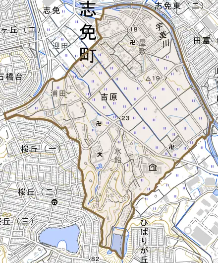 大字吉原とその周辺の地図。町の範囲を重ねている
