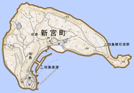 大字相島とその周辺の地図。町の範囲を重ねている
