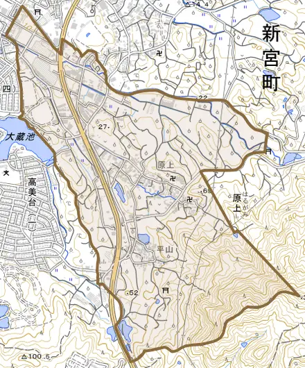 大字原上とその周辺の地図。町の範囲を重ねている