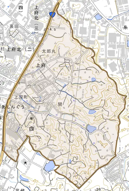 大字上府とその周辺の地図。町の範囲を重ねている