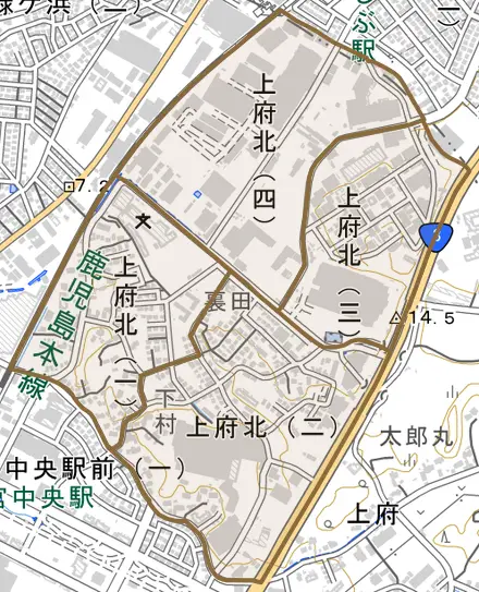 上府北とその周辺の地図。町の範囲を重ねている