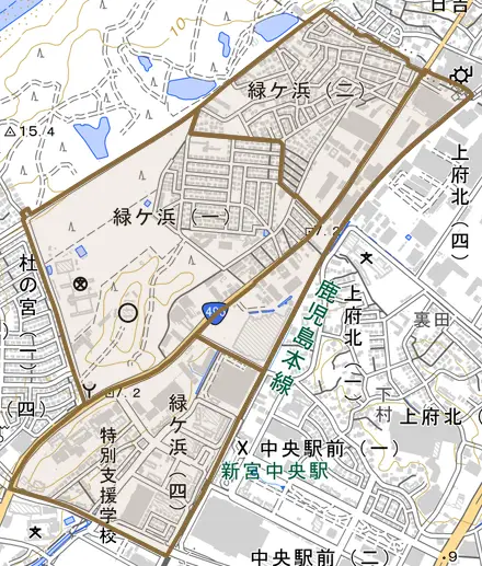 緑ケ浜とその周辺の地図。町の範囲を重ねている