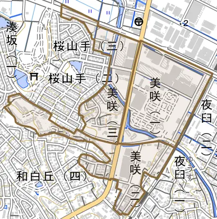 美咲とその周辺の地図。町の範囲を重ねている