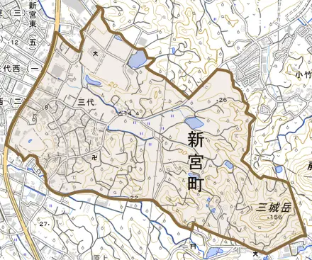 大字三代とその周辺の地図。町の範囲を重ねている