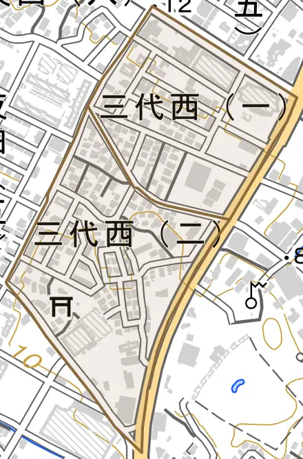 三代西とその周辺の地図。町の範囲を重ねている