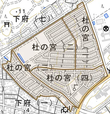 杜の宮とその周辺の地図。町の範囲を重ねている