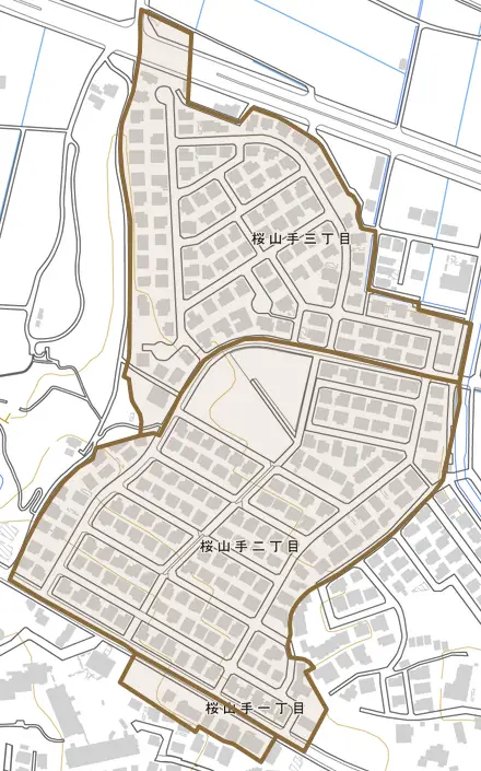 桜山手とその周辺の地図。町の範囲を重ねている