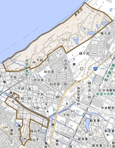 大字下府とその周辺の地図。町の範囲を重ねている