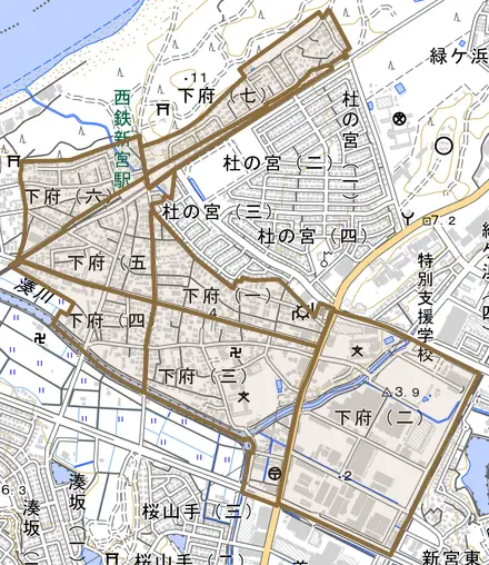 下府とその周辺の地図。町の範囲を重ねている