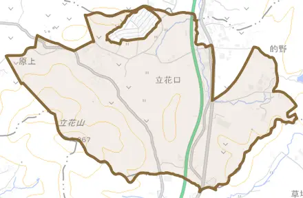大字立花口とその周辺の地図。町の範囲を重ねている