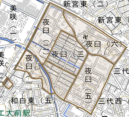 夜臼とその周辺の地図。町の範囲を重ねている